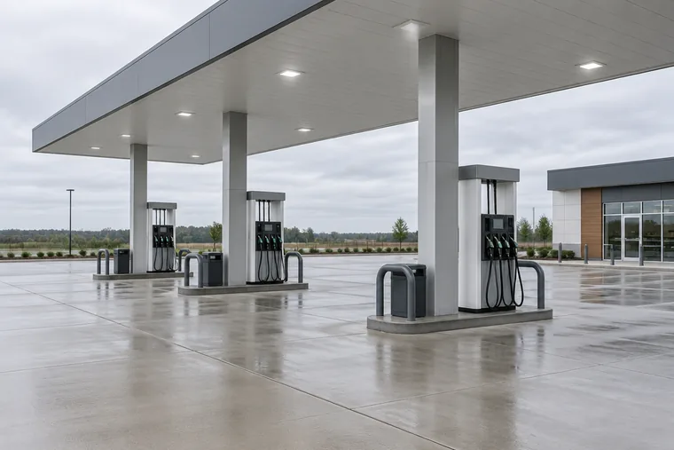 Fuel station forecourt with pump islands