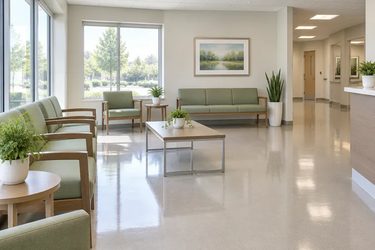 Bright, clean modern healthcare facility corridor