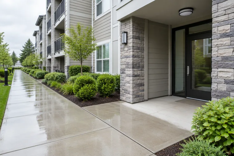Worker pressure washing an exterior sidewalk