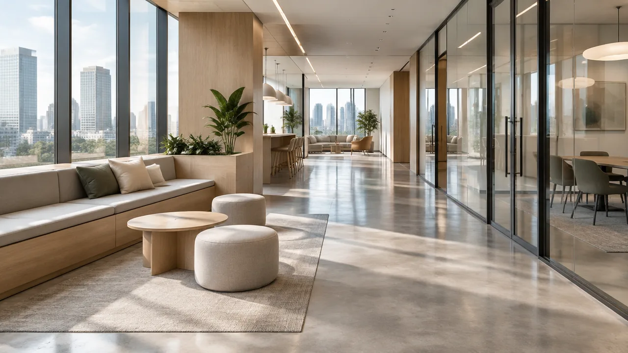 Bright, freshly cleaned modern commercial lounge with natural light